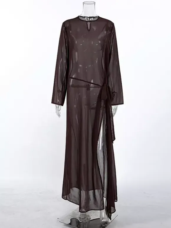 Robe longue en maille transparente à manches longues et fente latérale style cache-maillot pour femme 2026