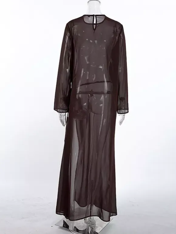 Robe longue en maille transparente à manches longues et fente latérale style cache-maillot pour femme 2026