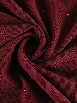 Robe longue en résille strass pour femme - Robe moulante rouge transparente à col montant et manches longues - Tenue de soirée d'été 2026