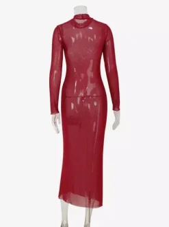 Robe longue en résille strass pour femme - Robe moulante rouge transparente à col montant et manches longues - Tenue de soirée d'été 2026
