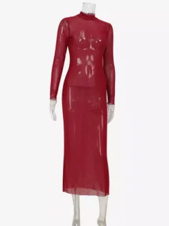 Robe longue en résille strass pour femme - Robe moulante rouge transparente à col montant et manches longues - Tenue de soirée d'été 2026