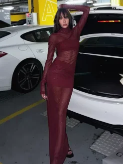 Robe longue en résille strass pour femme - Robe moulante rouge transparente à col montant et manches longues - Tenue de soirée d'été 2026