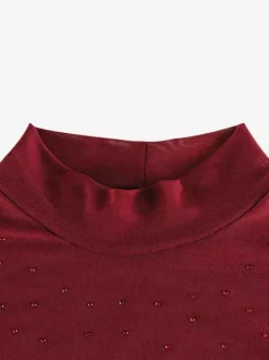 Robe longue en résille strass pour femme - Robe moulante rouge transparente à col montant et manches longues - Tenue de soirée d'été 2026