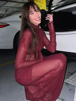 Robe longue en résille strass pour femme - Robe moulante rouge transparente à col montant et manches longues - Tenue de soirée d'été 2026