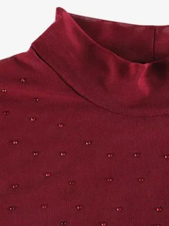 Robe longue en résille strass pour femme - Robe moulante rouge transparente à col montant et manches longues - Tenue de soirée d'été 2026