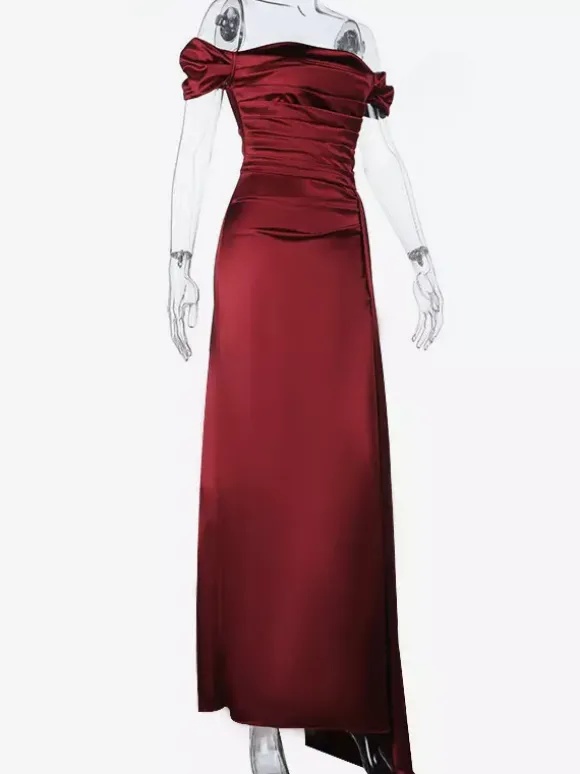 Robe longue en satin à épaules dénudées pour femme - Robe élégante rouge bordeaux à fente haute et fronces - Tenue idéale pour les invités aux mariages de printemps 2026
