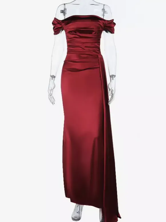 Robe longue en satin à épaules dénudées pour femme - Robe élégante rouge bordeaux à fente haute et fronces - Tenue idéale pour les invités aux mariages de printemps 2026
