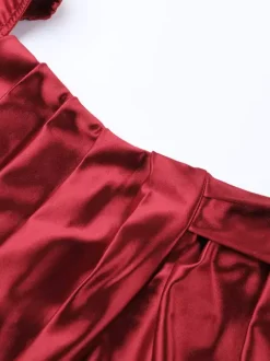 Robe longue en satin à épaules dénudées pour femme - Robe élégante rouge bordeaux à fente haute et fronces - Tenue idéale pour les invités aux mariages de printemps 2026
