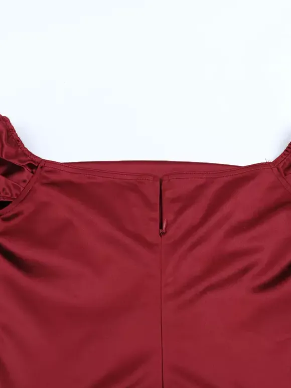 Robe longue en satin à épaules dénudées pour femme - Robe élégante rouge bordeaux à fente haute et fronces - Tenue idéale pour les invités aux mariages de printemps 2026