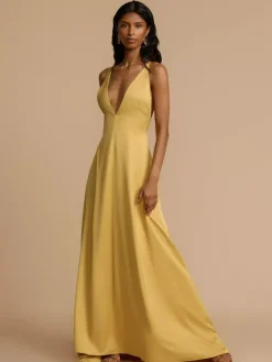 Robe longue en satin dos nu à décolleté plongeant pour femme - Robe de soirée jaune bohème ornée de perles de bois - Idéale pour un mariage d'été à la plage (2026)