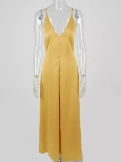 Robe longue en satin dos nu à décolleté plongeant pour femme - Robe de soirée jaune bohème ornée de perles de bois - Idéale pour un mariage d'été à la plage (2026)