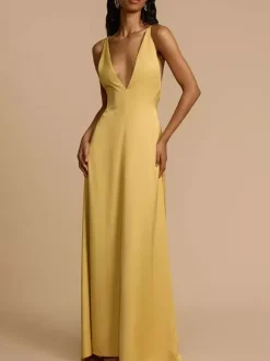 Robe longue en satin dos nu à décolleté plongeant pour femme - Robe de soirée jaune bohème ornée de perles de bois - Idéale pour un mariage d'été à la plage (2026)