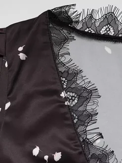 Robe longue en satin et dentelle patchwork pour femme - Imprimé floral noir col en V manches courtes coupe ajustée - Idéale pour les soirées d'été 2026