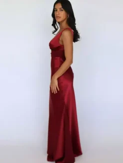 Robe longue en satin ivoire à col V pour femme style élégant et formel