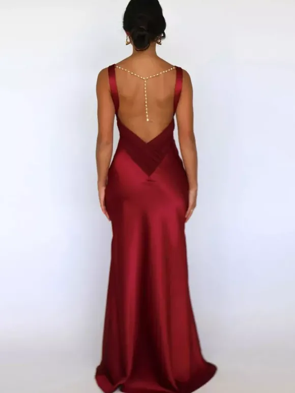 Robe longue en satin ivoire à col V pour femme style élégant et formel
