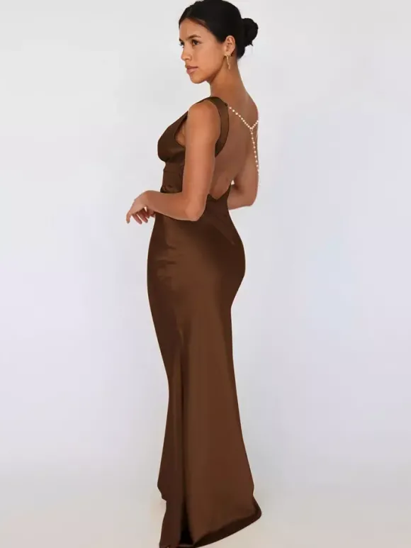 Robe longue en satin ivoire à col V pour femme style élégant et formel