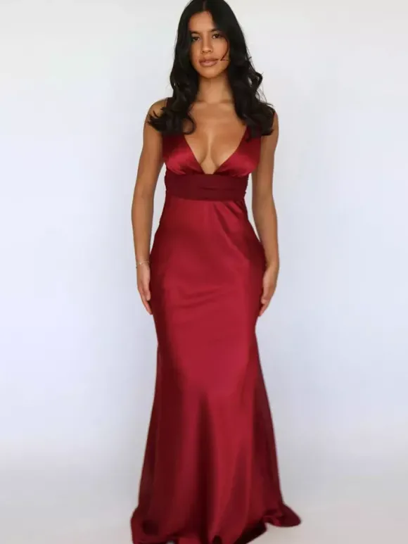 Robe longue en satin ivoire à col V pour femme style élégant et formel