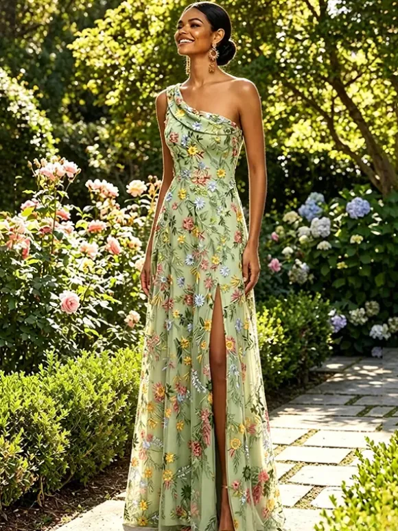 Robe longue en tulle brodée de fleurs asymétrique col drapé fente haute idéale pour une invitée de mariage ou une soirée de gala.