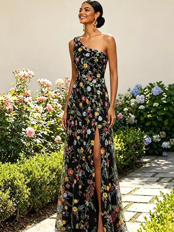 Robe longue en tulle brodée de fleurs asymétrique col drapé fente haute idéale pour une invitée de mariage ou une soirée de gala.