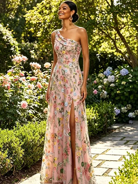 Robe longue en tulle brodée de fleurs asymétrique col drapé fente haute idéale pour une invitée de mariage ou une soirée de gala.