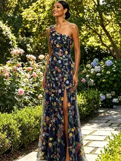 Robe longue en tulle brodée de fleurs asymétrique col drapé fente haute idéale pour une invitée de mariage ou une soirée de gala.