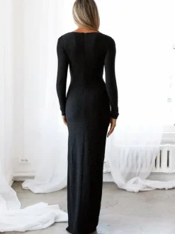 Robe Longue Femme avec Manches Longues à Col Décolleté Coupe Cintrée avec Fente Unicolore