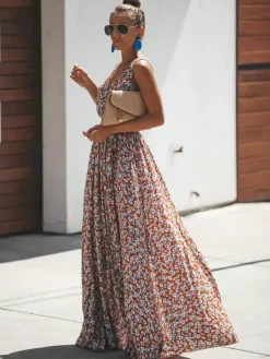 Robe longue fleurie à petits motifs pour femme - Robe d'été rouge brique sans manches fente latérale et col en V - Tenue de plage été 2026