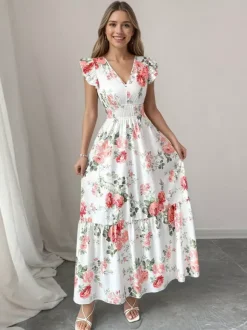 Robe longue fleurie pour femme - Robe d'été à volants taille smockée et col en V - Idéale pour les invitées aux mariages d'été 2026