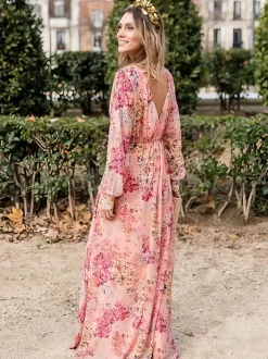 Robe longue fleurie pour femme - Robe longue rose portefeuille à col V et manches lanternes - Idéale pour un mariage printanier au jardin (2026)