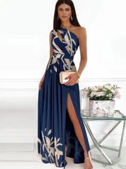 Robe Longue Imprimé Femme avec Bretelles avec Epaule Dénudée Coupe Cintrée avec Fente Bicolores