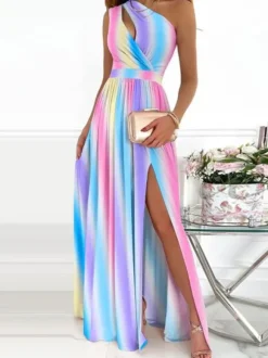 Robe Longue Imprimé Femme avec Bretelles avec Epaule Dénudée Coupe Cintrée avec Fente Bicolores