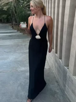 Robe longue élégante à décolleté plongeant en V pour femme - Robe nuisette longue sexy dos nu coupe ajustée ornée d'un corsage de fleurs - Soirée d'été 2026