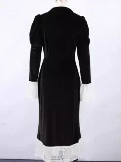 Robe longue élégante en velours noir avec détails en dentelle manches longues pour femme collection printemps 2026