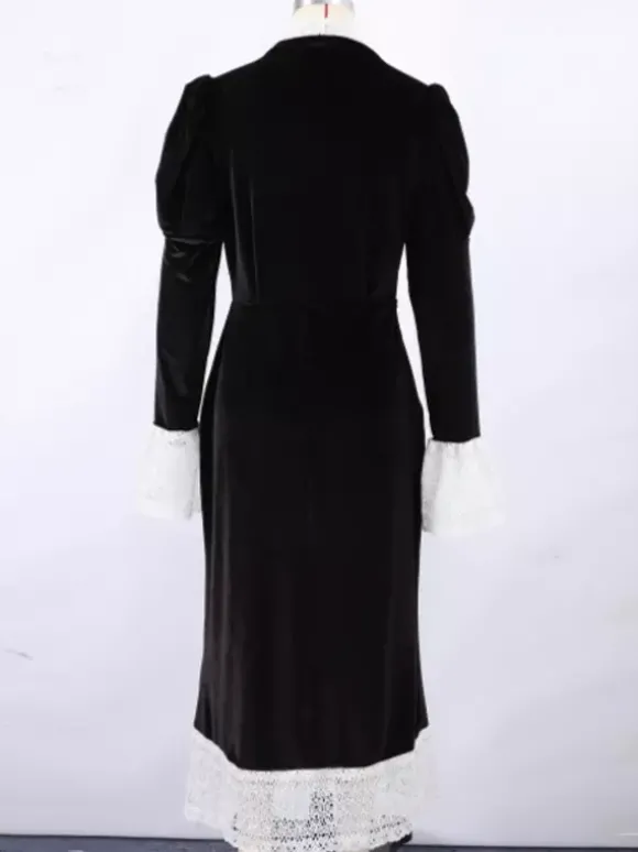 Robe longue élégante en velours noir avec détails en dentelle manches longues pour femme collection printemps 2026