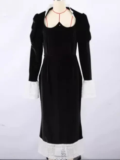 Robe longue élégante en velours noir avec détails en dentelle manches longues pour femme collection printemps 2026