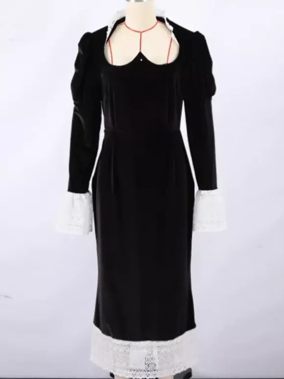 Robe longue élégante en velours noir avec détails en dentelle manches longues pour femme collection printemps 2026