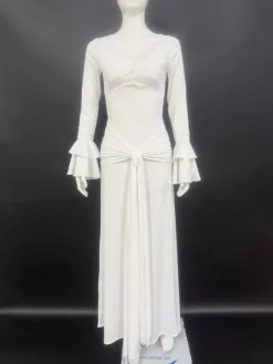 Robe longue maxi à col en V et bordure en dentelle pour femme - Robe moulante blanche bohème à manches longues et poignets trompette - Idéale pour un mariage printanier à la plage (2026)