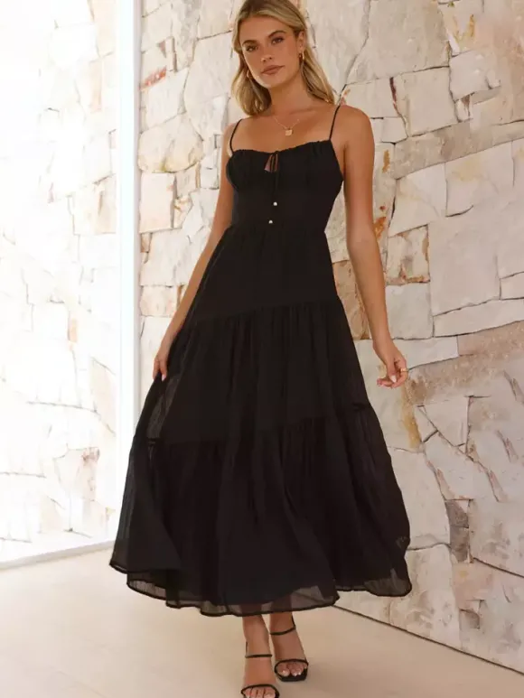 Robe longue maxi à volants pour femme - Robe nuisette longue trapèze à nouer sur le devant et buste froncé - Idéale pour les invitées aux mariages d'été à la plage (collection 2026)