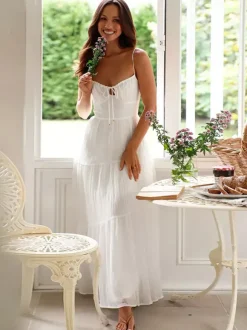 Robe longue maxi à volants pour femme - Robe nuisette longue trapèze à nouer sur le devant et buste froncé - Idéale pour les invitées aux mariages d'été à la plage (collection 2026)