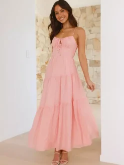 Robe longue maxi à volants pour femme - Robe nuisette longue trapèze à nouer sur le devant et buste froncé - Idéale pour les invitées aux mariages d'été à la plage (collection 2026)