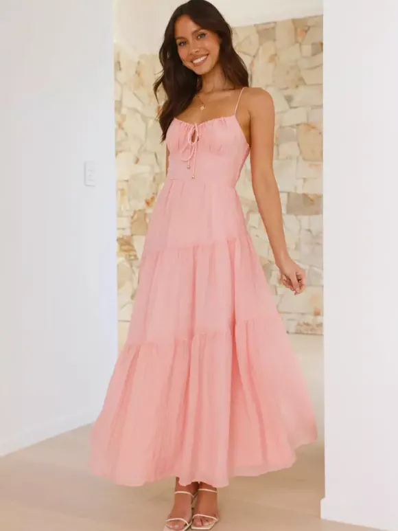Robe longue maxi à volants pour femme - Robe nuisette longue trapèze à nouer sur le devant et buste froncé - Idéale pour les invitées aux mariages d'été à la plage (collection 2026)
