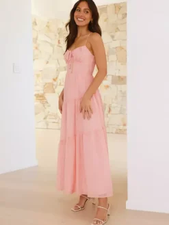 Robe longue maxi à volants pour femme - Robe nuisette longue trapèze à nouer sur le devant et buste froncé - Idéale pour les invitées aux mariages d'été à la plage (collection 2026)