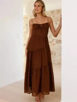 Robe longue maxi à volants pour femme - Robe nuisette longue trapèze à nouer sur le devant et buste froncé - Idéale pour les invitées aux mariages d'été à la plage (collection 2026)