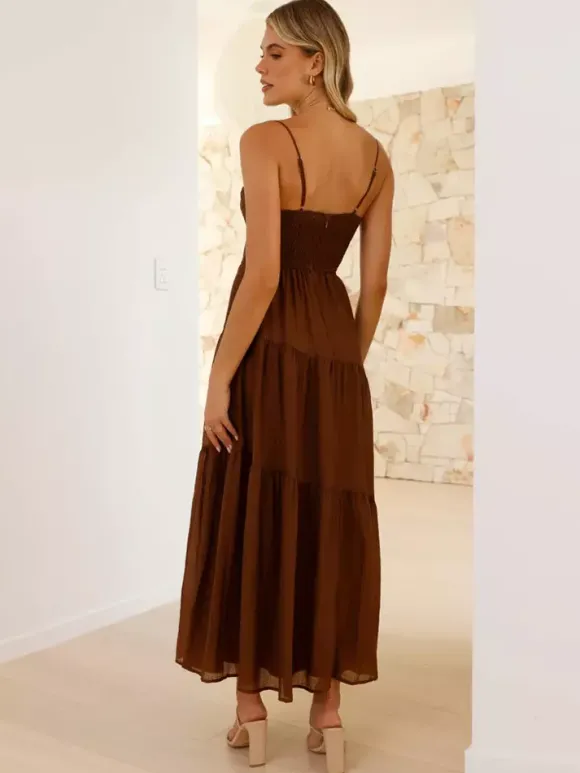 Robe longue maxi à volants pour femme - Robe nuisette longue trapèze à nouer sur le devant et buste froncé - Idéale pour les invitées aux mariages d'été à la plage (collection 2026)