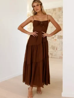 Robe longue maxi à volants pour femme - Robe nuisette longue trapèze à nouer sur le devant et buste froncé - Idéale pour les invitées aux mariages d'été à la plage (collection 2026)