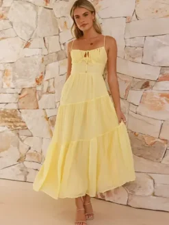 Robe longue maxi à volants pour femme - Robe nuisette longue trapèze à nouer sur le devant et buste froncé - Idéale pour les invitées aux mariages d'été à la plage (collection 2026)