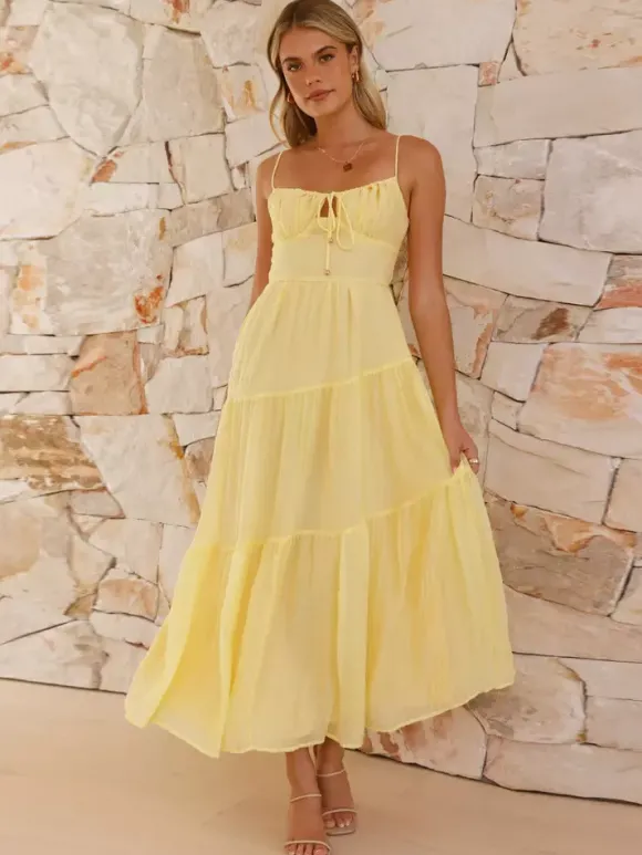 Robe longue maxi à volants pour femme - Robe nuisette longue trapèze à nouer sur le devant et buste froncé - Idéale pour les invitées aux mariages d'été à la plage (collection 2026)
