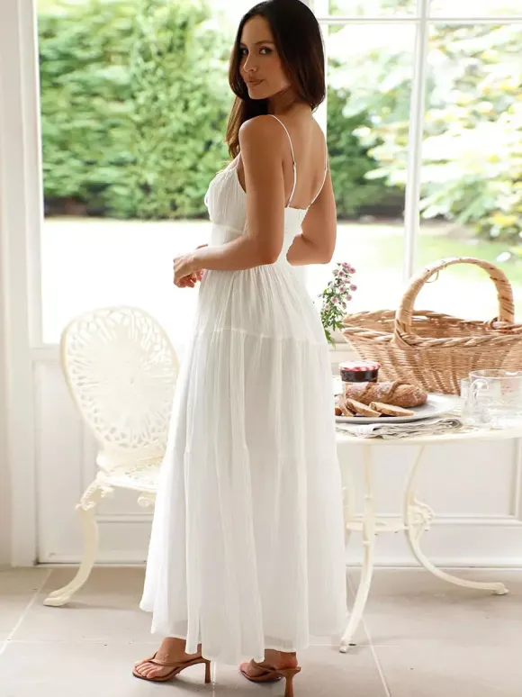 Robe longue maxi à volants pour femme - Robe nuisette longue trapèze à nouer sur le devant et buste froncé - Idéale pour les invitées aux mariages d'été à la plage (collection 2026)