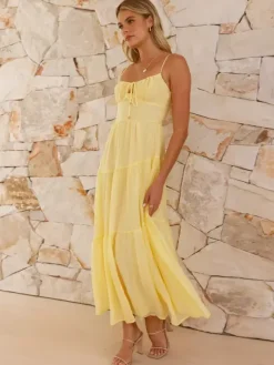 Robe longue maxi à volants pour femme - Robe nuisette longue trapèze à nouer sur le devant et buste froncé - Idéale pour les invitées aux mariages d'été à la plage (collection 2026)