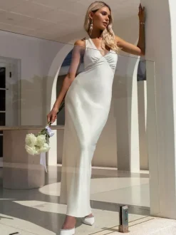 Robe longue maxi minimaliste dos nu à col V profond pour femme - Robe longue sans manches - Soirée cocktail d'été 2026